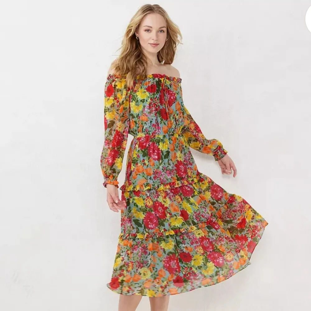 LC Lauren Conrad Off The Shoulder Midi Dress Floral Print Puff Sleeves Boho XL - Picture 1 of 11